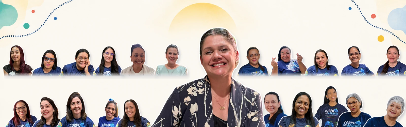 Equipe da Escola Cristã Estação Criança reunida em uma composição com a diretora Tatiana ao centro